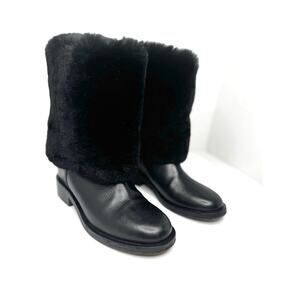 CHANEL Black Fur Calfskin Fold-Over Short Boots CC Logo Ankle Booties EU 37.5